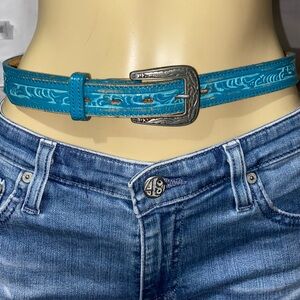 Nocona Vintage Western Womens Belt Embossed Leather Teal Size 30 (M)